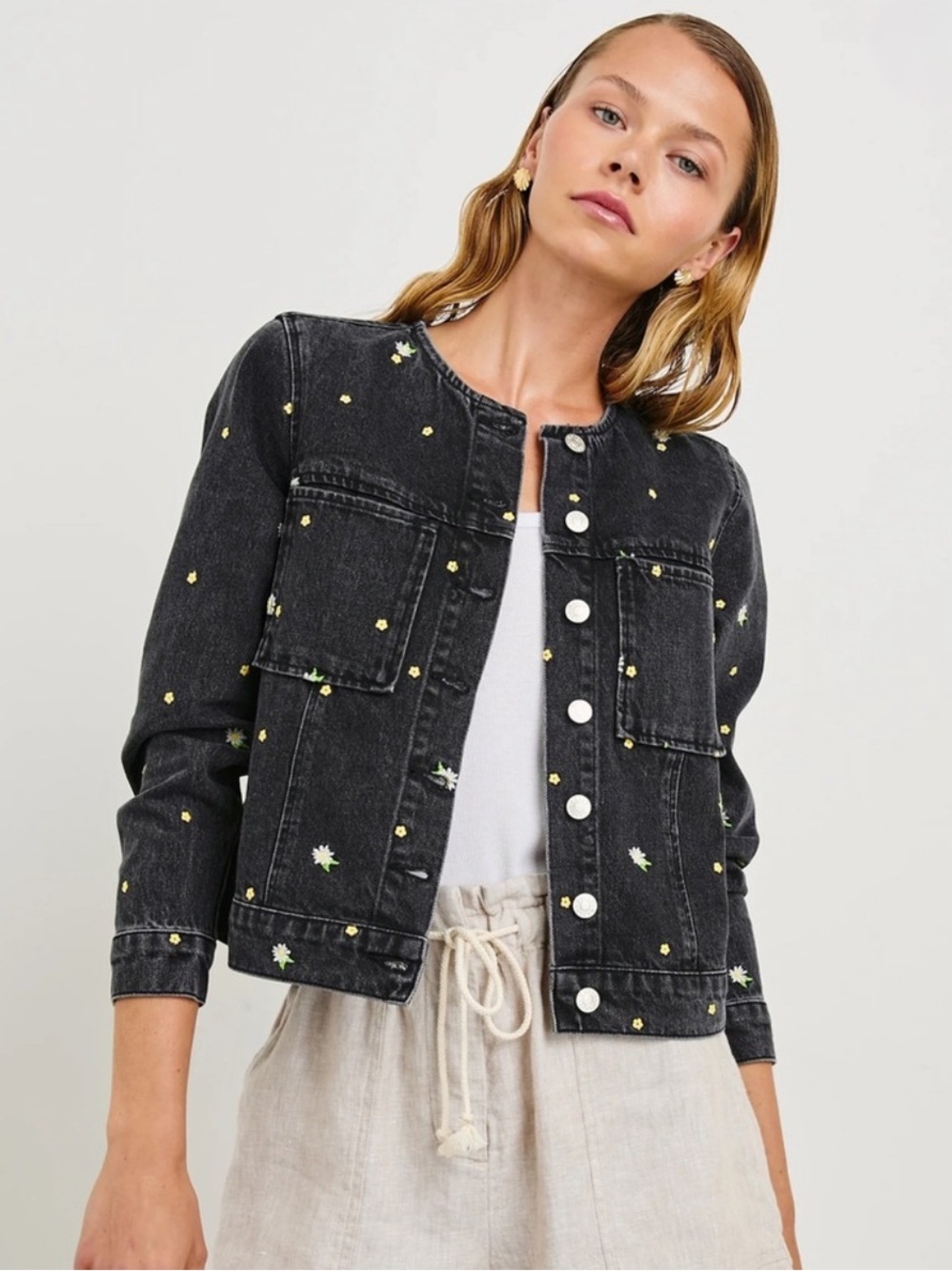 Rails Lido Black Denim Floral Embroidered Jacket